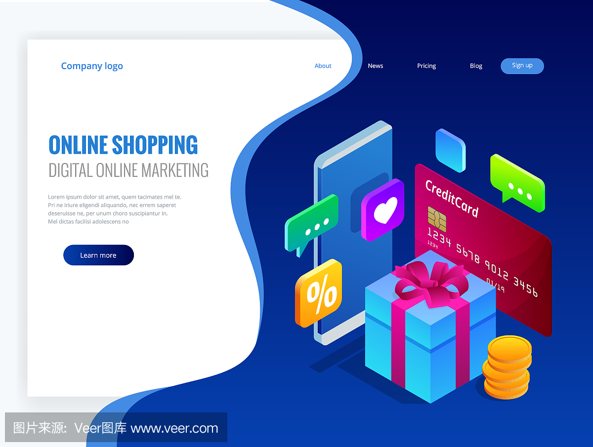 等距網上購物概念。數字網絡營銷商業銷售概念。最好的禮物。矢量圖